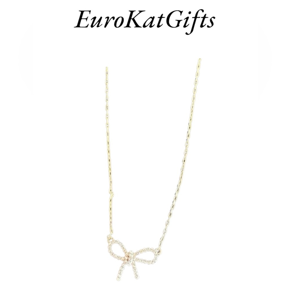 J Crew Elegant Gold Bow Necklace with Pearl Accents NEW Gift for her